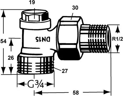 Verschraubung in Eckform mit Außengewinde, vernickelt. Geeignet für Rohrleitungen, hergestellt von IMI Hydronic Engineering. Technische Maße sind abgebildet.